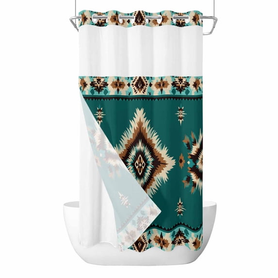 Green Southwestern No Hook Shower Curtain with Snap in Liner, Boho Ethnic Geometric Retro Double-Layer Waterproof Shower Curtains for Bathroom Hotel Bathtub, Mesh Top & Stall 36"x78"