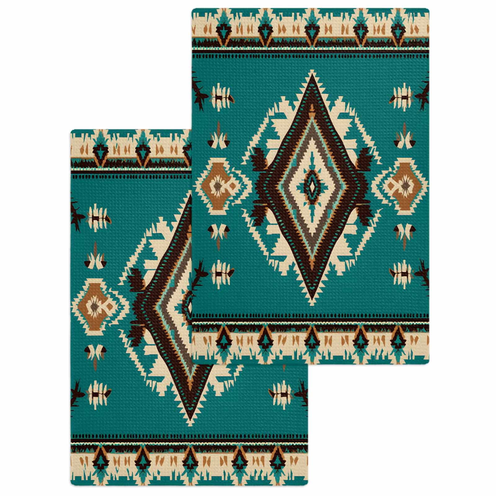 Green Southwestern Kitchen Dish Towels for Drying Dishes Set of 2, Vintage Boho Ethnic Geometric Waffle Weave Microfiber Hand Tea Bathroom Towels Quick Dry & Absorbent Towel 15.7x23.6