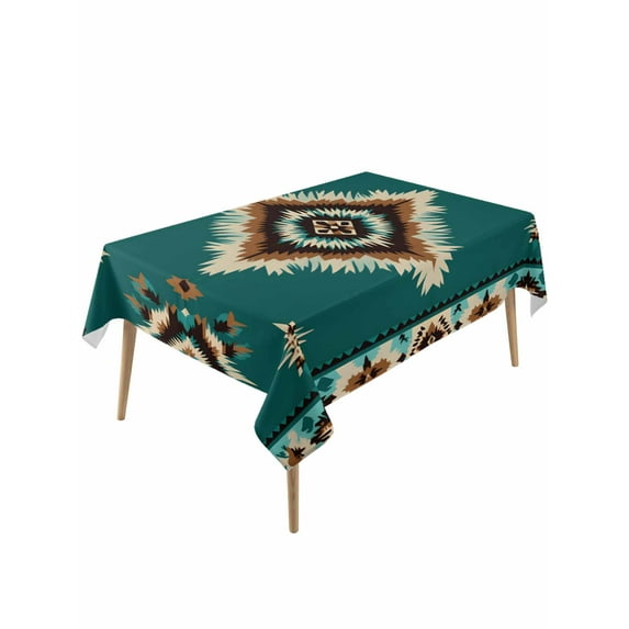 Green Southwestern Rectangle Tablecloth, Boho Ethnic Geometric Retro Waterproof & StainResistant Tablecloth, Washable Oil-proof Table Cover for Dining/Party/Wedding/Camping/Buffet 54x108 In