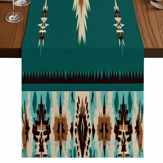 Green Southwestern Table Runner 36 Inches Long for Dining Tables, Boho Ethnic Geometric Retro Cotton Linen Table Runner Coffee Tablerunners Dresser for Kitchen Party Holiday Decorations 13"x36"