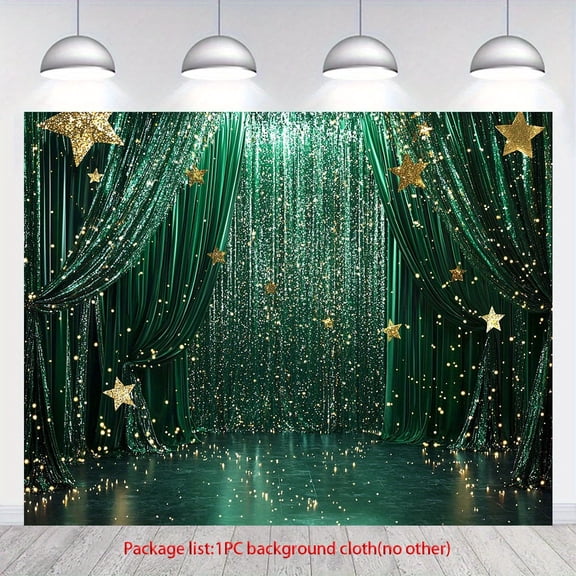 Green Sparkling Curtains Wedding Backdrop Gold Shining Stars Birthday Background Green Sequin Curtain Stage Engagement Anniversary Party Decorations Banner Supplies Photo Booth Props