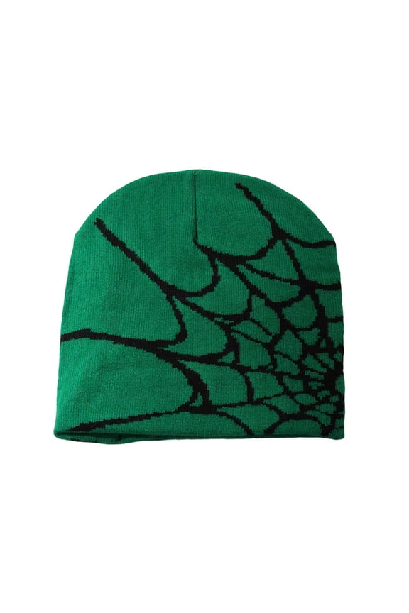 Green Spider Web Y2K Knit Beanie Fashion Winter Hat Jacquard Streetwear Unisex Skull Cap For Men And Women Trendy Headwear For Cold Season In Green Color One Size