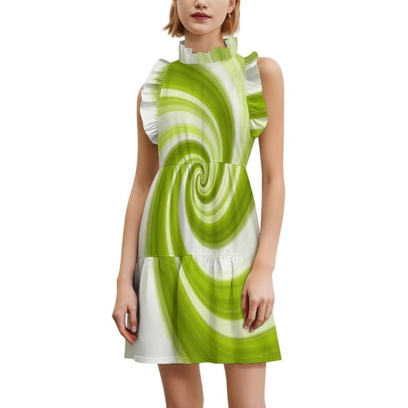 Green Spiral Abstract Artwork Women's Fashion Casual Dress Summer Stand Up Collar Ruffles Sleeve Dress Elegant Dresses