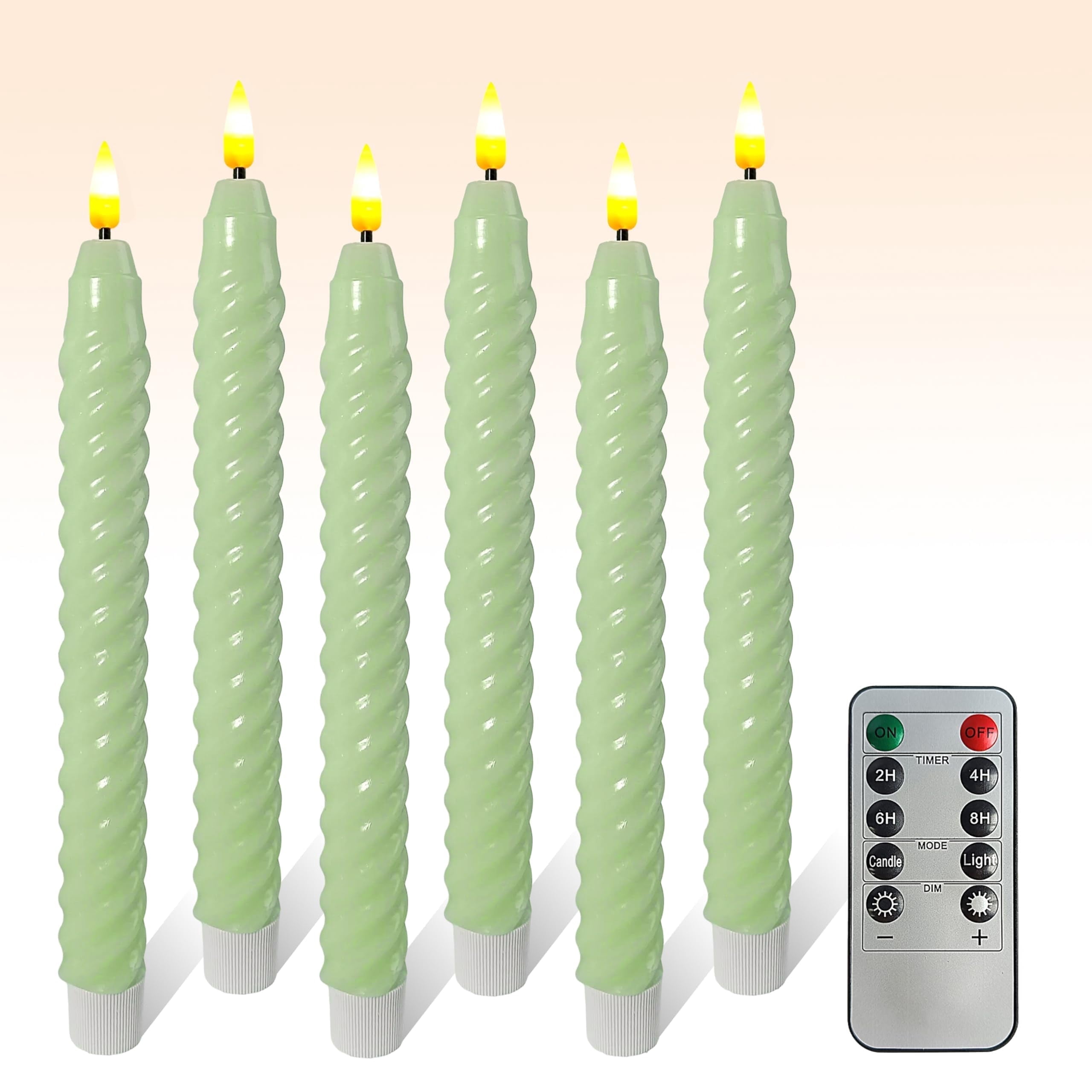 Green Spiral Flameless Taper Candles, 9.8 Inch Flickering Candles with Remote and Timer, Real Wax Candlesticks LED Battery Operated 3D Wick for Wedding Party Home Decor