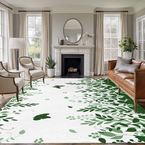 Green Spring Botanical Area Rugs 5'x7', Washable Small Throw Rugs for Laundry Room Playroom, Weeping Eucalyptus Butterfly Indoor Outdoor Rug Non-Slip Low Pile Carpet Runner Reversible Floor Mats