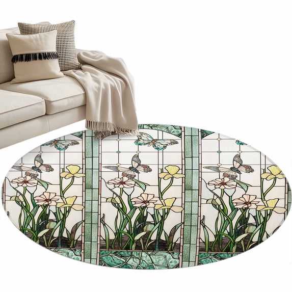 Green Spring Botanical Large Area Rugs for Bedroom Living Room, Soft Non Slip Carpet Bedside Rug, Summer Butterfly Vintage Round Floor Cover Kitchen Accent Rug 3' for Dining Room/Office