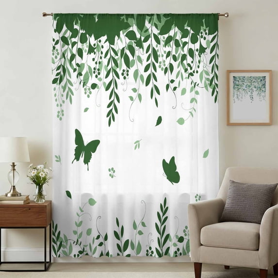 Green Spring Botanical Sheer Curtains 54 Inches Long, Weeping Eucalyptus Butterfly Light Filering Curtains, Breathable Simi Curtain Privacy Drapes for Kitchen Bathroom Small Window Treatment