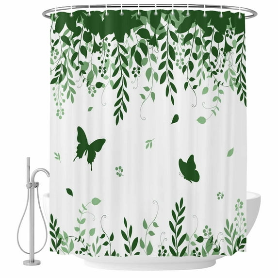Green Spring Botanical Shower Curtain, Waterproof Shower Curtains for Bathroom, Weeping Eucalyptus Butterfly Washable Fabric Bathtub Curtain Set Bath Decor with 12 Hooks Long 72"x84"