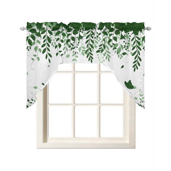 Green Spring Botanical Swag Valances for Windows, Small Curtains Drapes, Weeping Eucalyptus Butterfly Kitchen Window Curtains Over Sink Window Treatment Valance for Bedroom/Bathroom 56"x36"