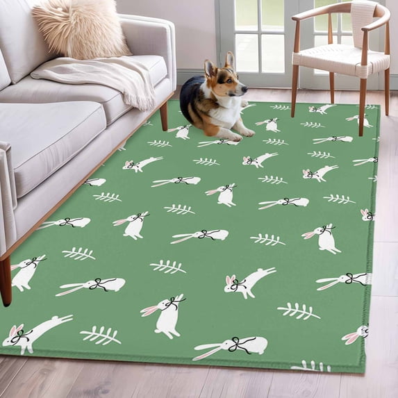 Green Spring Easter Area Rugs 3'x5', Washable Small Throw Rugs for Living Room Bedroom, Cute Bunny Botanical Indoor Outdoor Rug Non-Slip Low Pile Carpet Runner Reversible Floor Mats