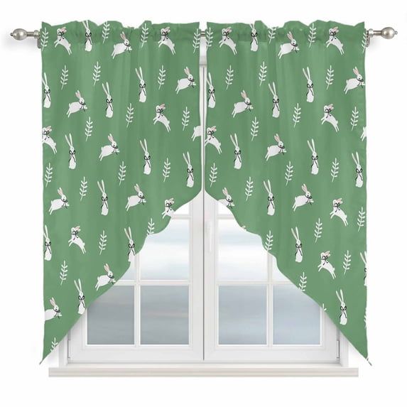Green Spring Easter Swag Curtains for Kitchen/Bedroom/Living Room, Cute Bunny Botanical Scalloped Curtains 63 Inch Long, Rod Pocket Window Swag Topper Curtains Valances 2 Panels Set 36"x63"