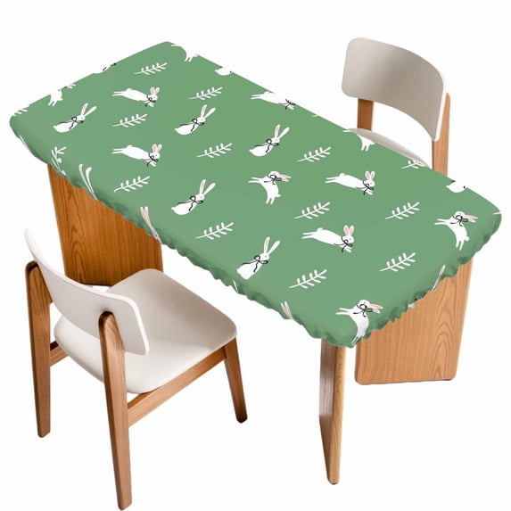 Green Spring Easter Table Cloths for 5 Foot Rectangle Tables, Cute Bunny Botanical Patio Waterproof Elastic Fitted Tablecloths, Washable Rectangular Table Cover for Camping