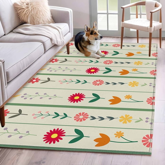 Green Spring Floral Area Rugs 2.7'x5', Small Throw Rugs for Kitchen Bedroom, Colorful Summer Flowers Vintage Botanical Indoor Outdoor Rug Non-Slip Low Pile Carpet Runner Reversible Floor Mats