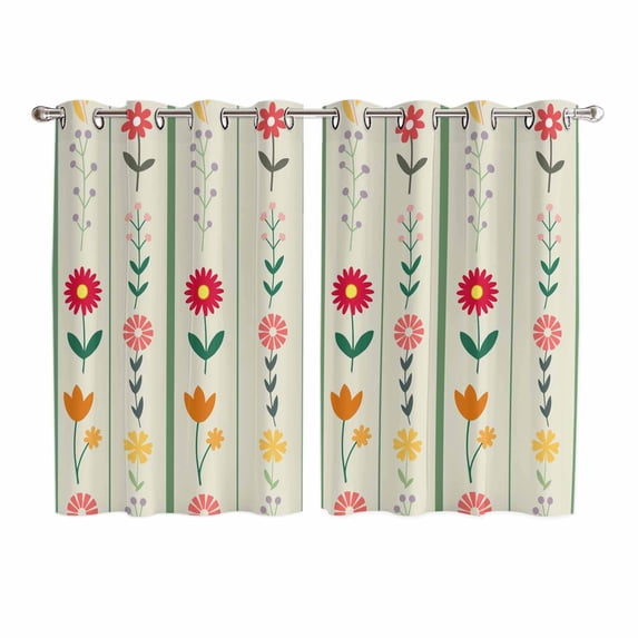 Green Spring Floral Kitchen Curtains Window Panels, Colorful Summer Flowers Vintage Botanical Insulated Window Treatment Curtain, Grommet Curtains for Bedroom/Living Room/Bathroom, 2 Piece 52"Wx72"L
