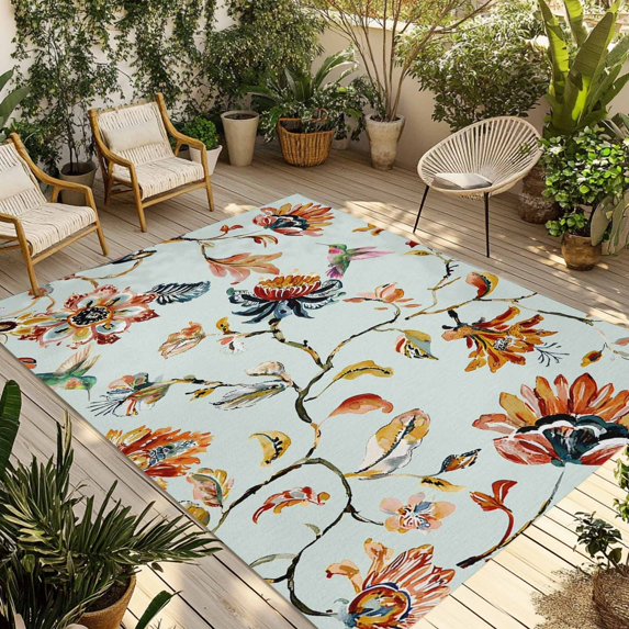 Green Spring Floral Outdoor Rug for Patio/Deck/Porch, Non-Slip Large Area Rug 4 x 6 Ft, Summer Botanical Vintage Birds Indoor Outdoor Rugs Washable Area Rugs, Reversible Camping Rug Carpet Runner