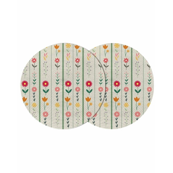 Green Spring Floral Round 13 Inch Placemats Set of 2, Colorful Summer Flowers Vintage Botanical HeatResistant Non Slip Place Mats for Dining Table, Wipeable Kitchen Table Mats for Housewarming