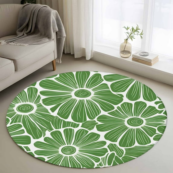 Green Spring Floral Round Area Rug 3.3 FT, Non Slip Small Entryway Kitchen Mat, Pastoral Flower Abstract Washable Soft Circular Rug Non-Shedding Door Mat for Bathroom Playroom Kids Room
