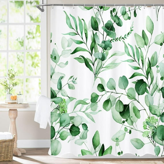 Green Spring Floral Shower Curtain, Modern Plants Botanical Fabric Cloth Shower Curtains for Chic Elegant Bathroom Decor, Summer Emerald Green Eucalyptus Leaf, 72x72