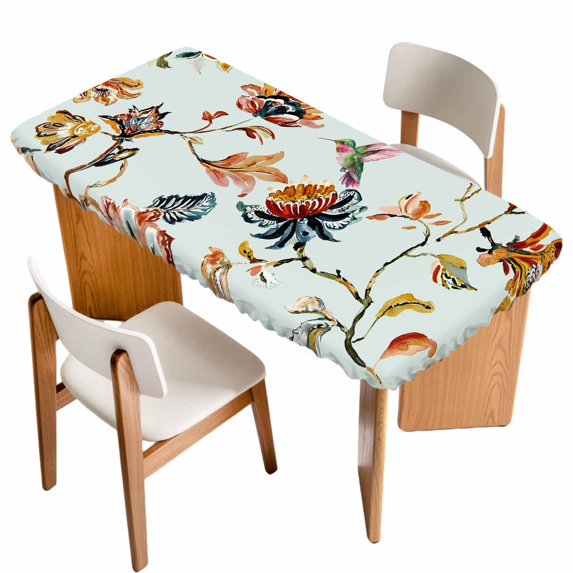 Green Spring Floral Table Cloths for 3 Foot Rectangle Tables, Summer Botanical Vintage Birds Patio Waterproof Elastic Fitted Tablecloths, Washable Rectangular Table Cover for Camping
