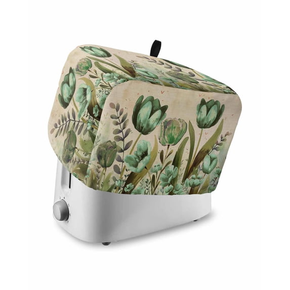 Green Spring Floral Toaster Cover 2 Slice, Summer Botanical Tulip Vintage Dustproof Bread Machine Oven Cover with Storage Pockets, Fits Most Kitchen Toasters Protector