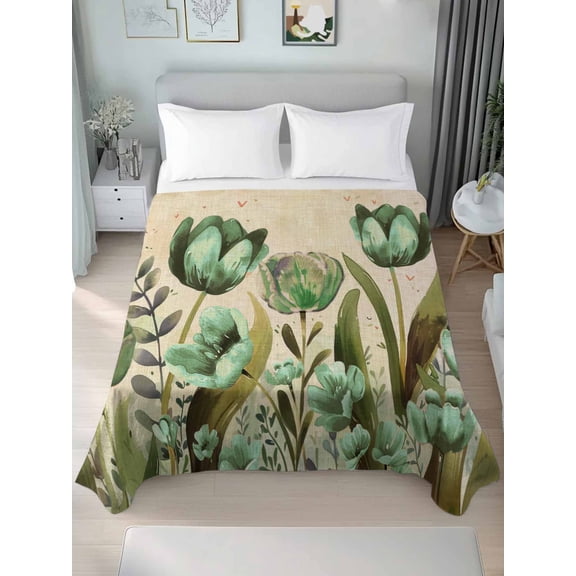 Green Spring Floral Twim Size Flat Sheet, Wrinkleproof & Fadeproof Cooling Flat Bed Sheet Only, Summer Botanical Tulip Vintage Breathable Soft Bedding Top Sheets 66 x 96 Inches