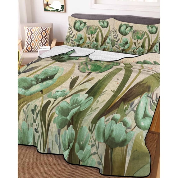 Green Spring Floral Twin XL Size Down Alternative Comforter, Lightweight Comforter Quilt Bedding Set with Pillow Shams Summer Botanical Tulip Vintage All Seasons Bed Comforter Duvet Insert 68"x98"