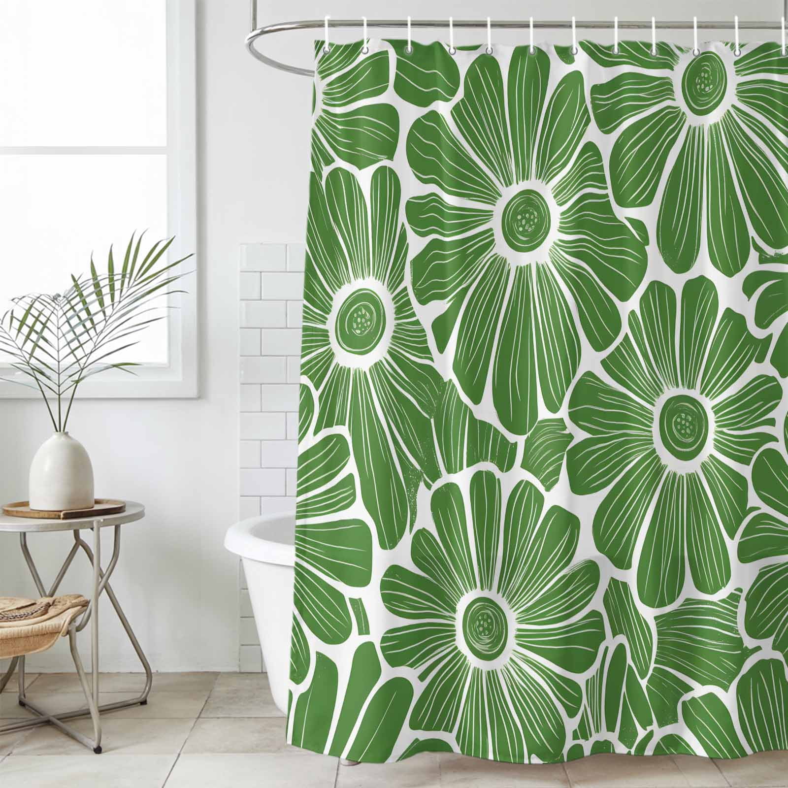 Green Spring Floral Waterproof Fabric Shower Curtain,Pastoral Flower Abstract Waterproof Fabric Shower Curtain for Bathroom Curtains Bathtubs Hotel Shower Curtains with 12 Hooks Small 36x72in