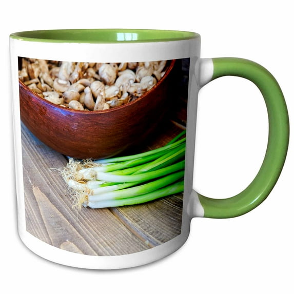 3drose, Green Sprouting Onions, a Bowl of Button Mushrooms on a Table, 11oz Two-tone Green Mug