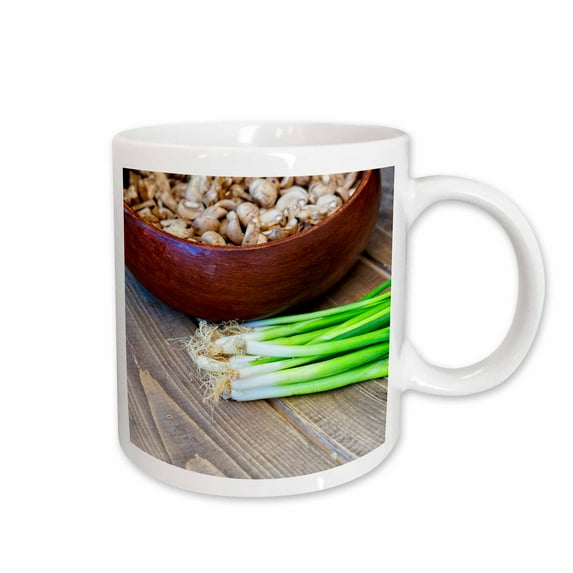 3drose, Green Sprouting Onions, a Bowl of Button Mushrooms on a Table, 15oz Mug