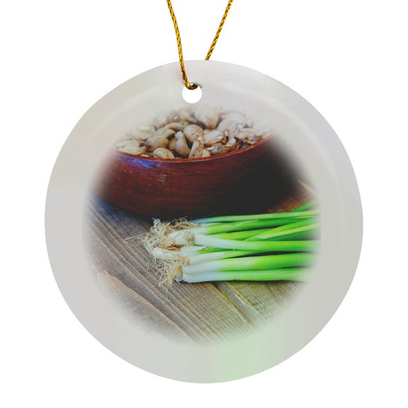 3drose, Green Sprouting Onions, a Bowl of Button Mushrooms on a Table, Circle Porcelain Ornament