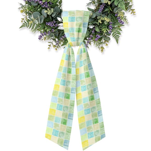 Green Square Grid Wreath Sash for Front Door, Mint Green Yellow Mosaic Block Sky Blue Plaid Satin Wreath Ribbon Bow Accessory Garland Home Decor for Doorway Porch Yard 4.5x56