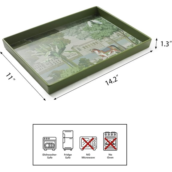 Green Square Tray for Decor Coffee Table - Sturdy Melamine Tray with Vintage Style