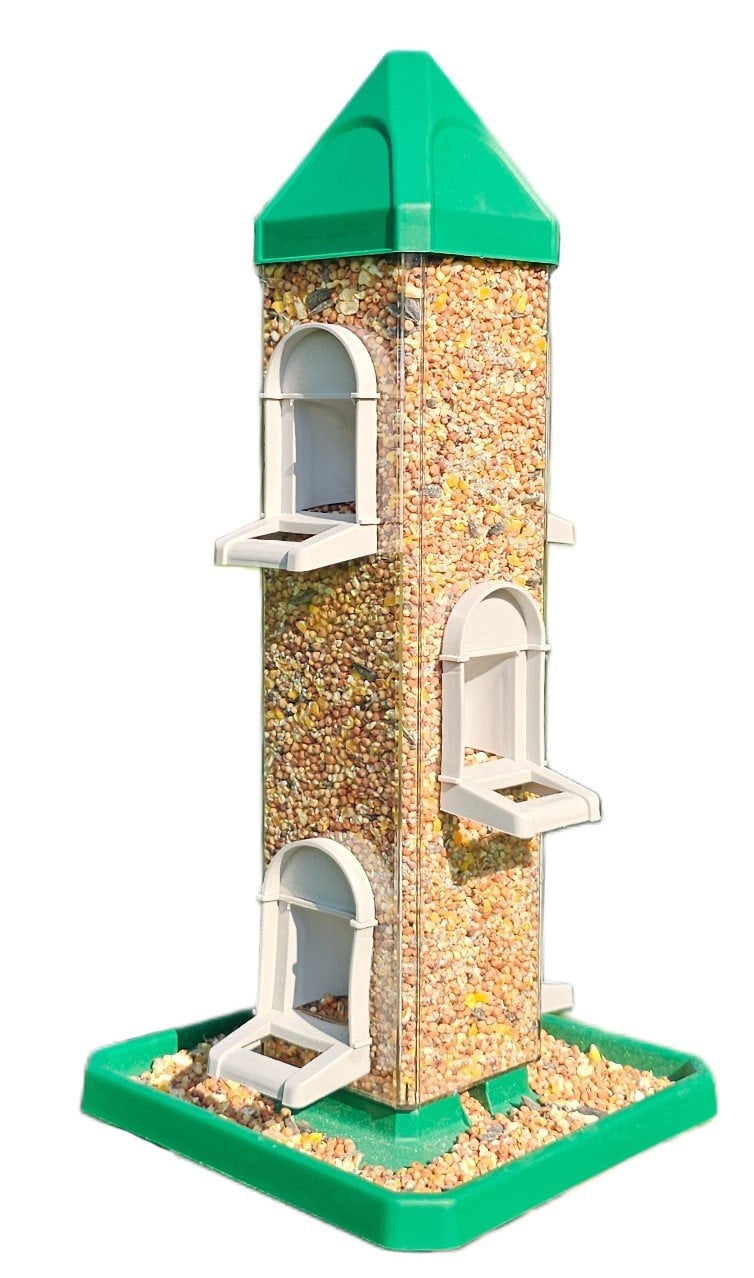 Green Square Tube Bird Feeders with 6 Feeding Ports for Outdoors Hanging, Premium Hard Plastic Weatherproof & Steel Hanger, Attracting for Wild Birds Hunter Green