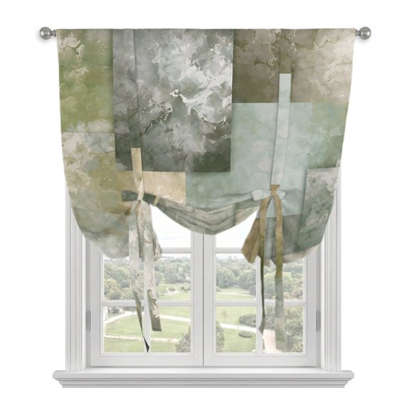 Green Squares Tie Up Balloon Window Curtain 42W x 63L Inch, Abstract Pale Green Blocks Industrial Ink Bleeds Rod Pocket Adjustable Tie Up Curtains Small Kitchen Sink Curtains for Cafe Bedroom