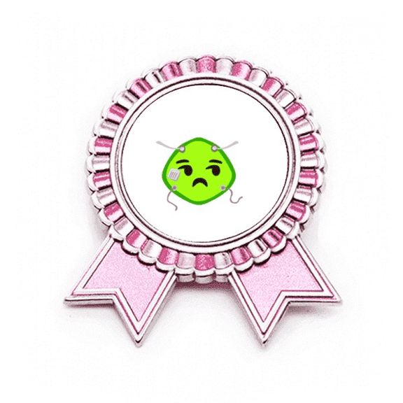 Green Squint Smail Head Expression Badge Brooch Pin Pink Winner Award Medal