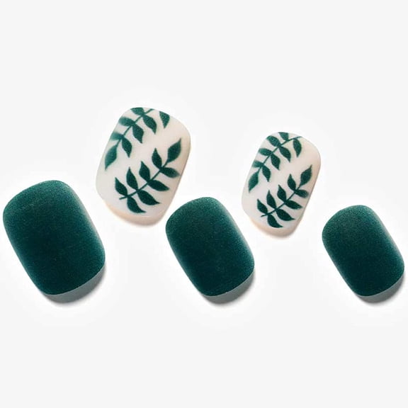 Green St.Patrick Day Press on Nails Extra Short Square- Dark Green Leave Round Fake Nails, Round Square Glossy Gel Glue on Nails for Women, False Nail Reusable Stick on Nails D2-Green