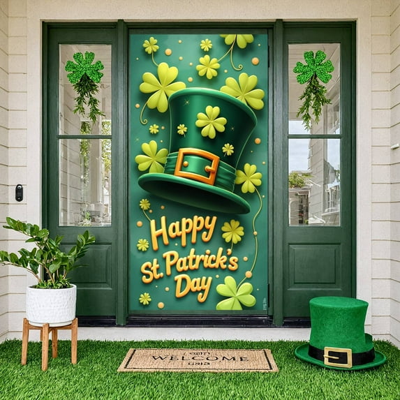 Green St. Patrick's Day Banner Shamrock Clover Backdrop Leprechaun Hat Gold Accent Festival Display for St. Patrick's Day Party Celebration Indoor Decoration