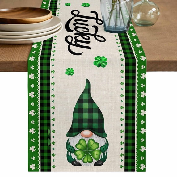 Green St. Patrick's Day Cotton Linen Table Runner for Dining Kitchen, Gnomes Watercolor Leaves Rustic Wedding Outdoor Party Tablerunners, Dresser Scarf Coffee Tablecloth Runners 13x60 Inches