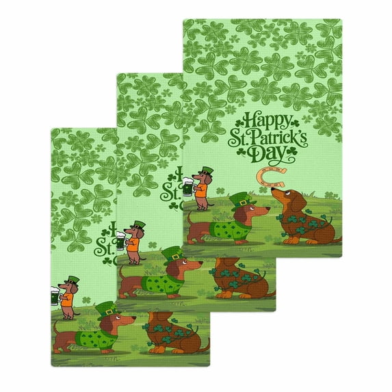 Green St. Patrick's Day Kitchen Dish Towels for Drying Dishes Set of 3, Green Lucky Clovers Dog Waffle Weave Microfiber Hand Tea Bathroom Towels Quick Dry & Absorbent Towel 15.7x23.6