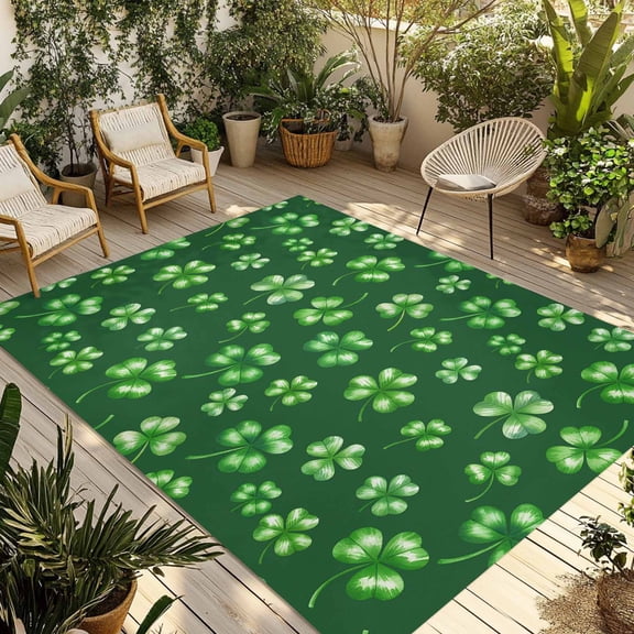 Green St. Patrick's Day Outdoor Rug for Patio/Deck/Porch, Non-Slip Large Area Rug 3 x 5 Ft, Lucky Clovers Watercolor Rustic Indoor Outdoor Rugs Washable Area Rugs, Camping Rug Carpet Runner