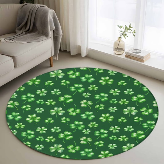 Green St. Patrick's Day Round Area Rug 4Ft Washable Circle Rugs for Bedroom Dining Room, Lucky Clovers Watercolor Rustic Non-Slip Carpet Floor Mats Indoor Outdoor Carpet Runner Aesthetic Home Decor