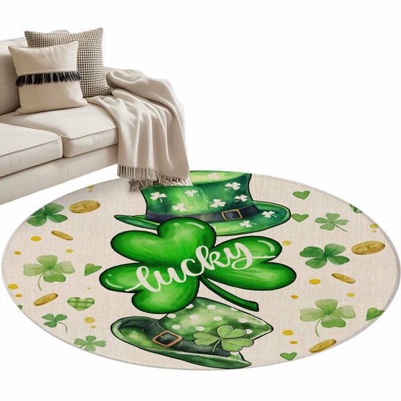 Green St. Patrick's Day Round Area Rug 4ft, Lucky S Love Heart Rustic Washable Non-Slip Circle Rugs for Bedroom Living Room Kitchen, Soft Non Shedding Circle Carpet for Dining Room Dorm