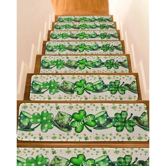 Green St. Patrick's Day Stair Treads for Wooden Steps Indoor Runner Rug Carpet, Lucky S Love Heart Rustic 7 Pieces Peel and Stick Staircase Step Treads Covers Washable Throw Door Mats, 30"x8"