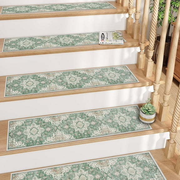 Green Stair Treads Non Slip 15PCS 8"x30" Stair Runner, Rubber Backing Stair Treads for Wooden Steps, Washable Carpet Stair Treads Indoor Stair Carpet Treads for Kids Elder Dogs