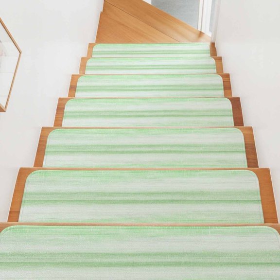Green Stair Treads Non Slip for Steps Abstract Light Green Ombre Linen Texture Modern Rustic Classic 15 Pcs Reusable Adhesive Stair Runner Mats for Pet Elders Carpet Treads Rugs for Staircase 8x30 In