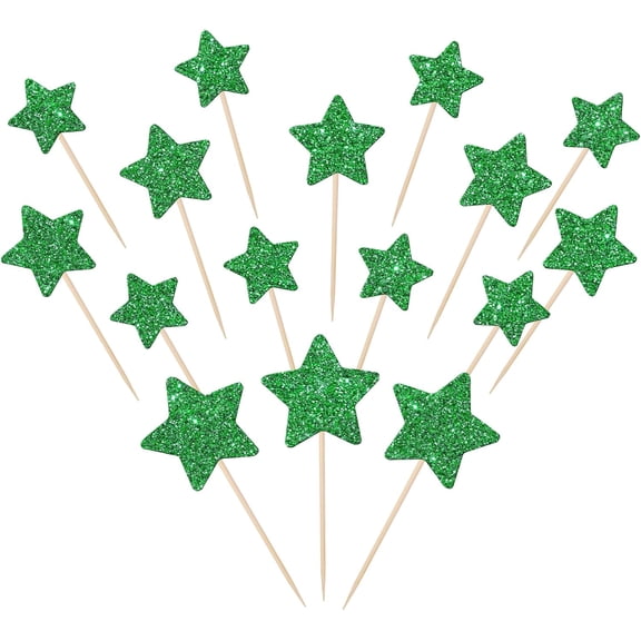 Green Star Cupcake Toppers - Glitter Star Picks for Birthday/St. Patrick's Day/Christmas Party Decorations, Pack of 12