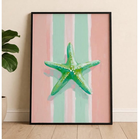 Green Starfish Coastal Beach Art Pink Mint Stripes Wall Art Print