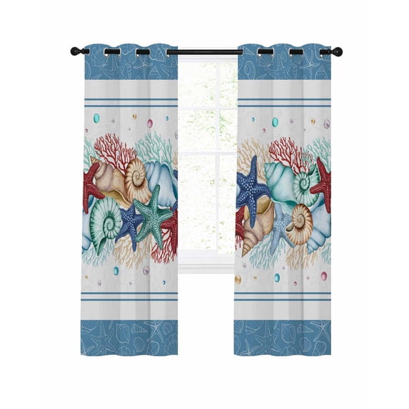 Green Starfish Summer Blackout Curtains, Light Blocking Print Window Curtains, Ocean Coral Conch Blue Shells Thermal Insulated Window Drapes for Living Room Kitchen Cafe 2 Panels, 55"W x 39"L