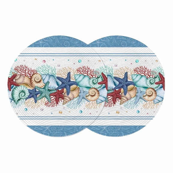 Green Starfish Summer Round 13 Inch Placemats Set of 2, Ocean Coral Conch Blue Shells HeatResistant Non Slip Place Mats for Dining Table, Wipeable Braided Kitchen Table Mats for Housewarming