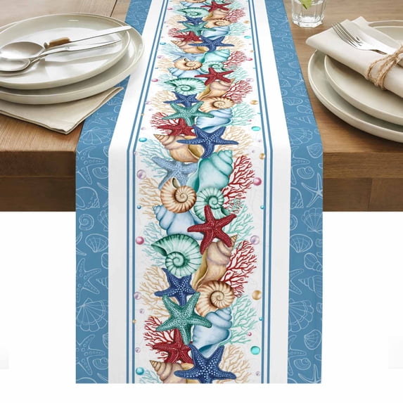 Green Starfish Summer Table Runner - 120 Inch Long, Kitchen Dining Table Runner Dresser Scarves, Ocean Coral Conch Blue Shells Farmhouse Decor for Coffee Tables Wedding Party Banquet